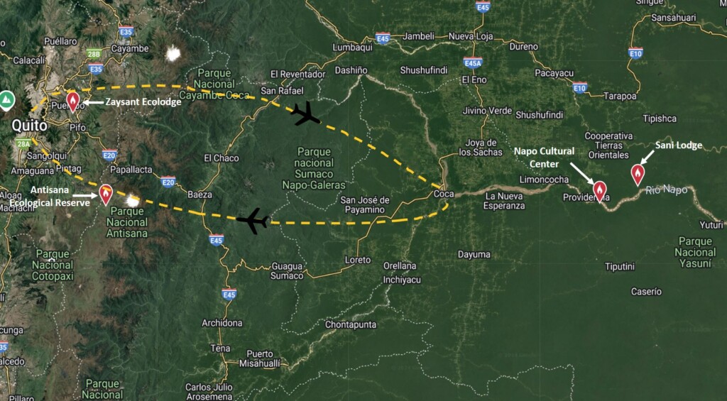 Map by Jenny Young showing a flight path in Ecuador from Quito to the Rio Napo area, passing over various national parks like Cayambe-Coca and Sumaco Napo-Galeras.